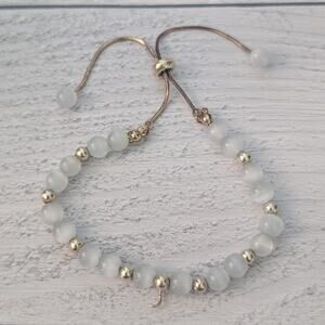 Frosted Beads & Gold Adjustable Bracelet - Tarnished & Missing Charm